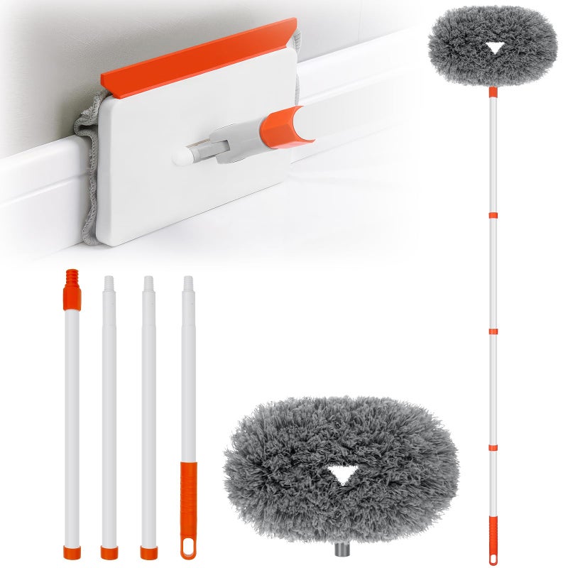 Baseboard Cleaner Tool with Handle Extendable Long Handle Baseboard Cleaning Duster with Reusable Pads for Floorboard Ceiling Fan Blade Cleaner Duster Gray